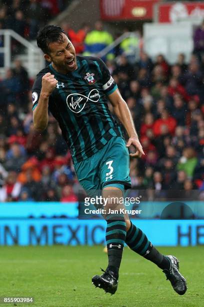 Maya Yoshida of Southampton celebrates scoring his side's first goal during the Premier League match between Stoke City and Southampton at Bet365...