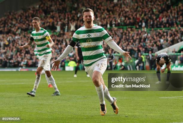 Callum McGregor of Celtic celebrates after he scores his second goal during the Ladbrokes Scottish Premiership match between Celtic and Hibernian at...