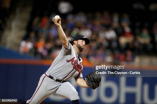 Pitcher R.A. Dickey of the Atlanta Braves pitching during the Atlanta Braves Vs New York Mets MLB regular season game at Citi Field, Flushing,...