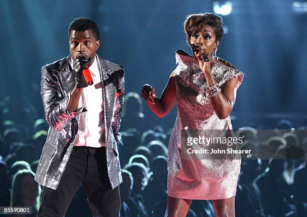 Singers Kanye West and Estelle onstage at the 51st Annual GRAMMY Awards held at the Staples Center on February 8, 2009 in Los Angeles, California.