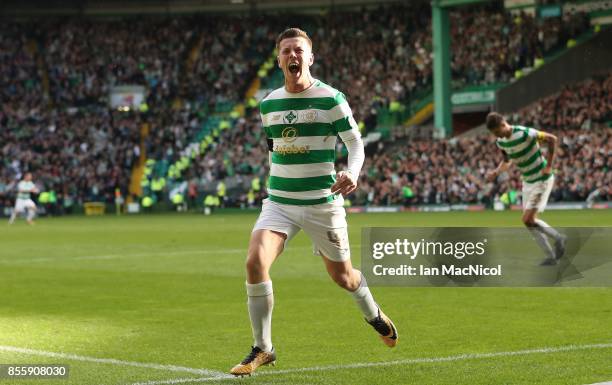 Callum McGregor of Celtic celebrates after he scores his second goal during the Ladbrokes Scottish Premiership match between Celtic and Hibernian at...