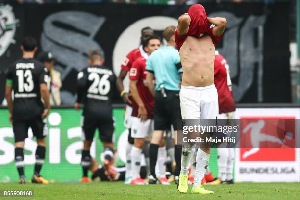 Martin Harnik of Hannover reacts during the Bundesliga match between Borussia Moenchengladbach and Hannover 96 at Borussia-Park on September 30, 2017...