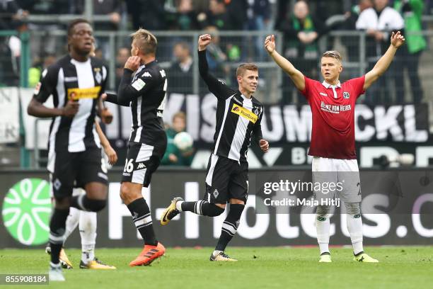 Thorgan Hazard of Moenchengladbach celebrates after scoring penalty shot to make it 2-1 during the Bundesliga match between Borussia Moenchengladbach...