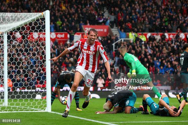 Peter Crouch of Stoke City celebrates scoring his sides second goal during the Premier League match between Stoke City and Southampton at Bet365...