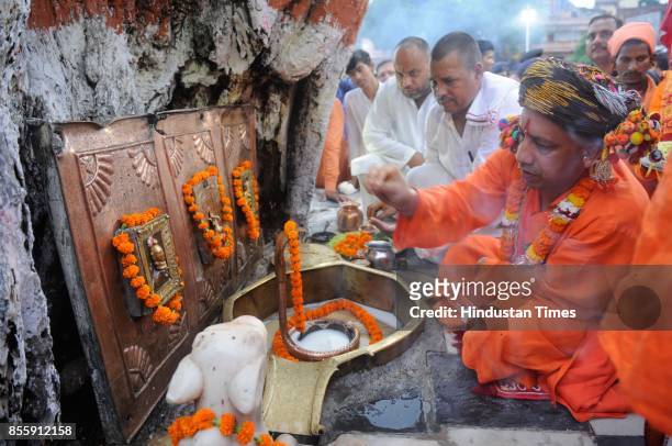 Chief Minister of Uttar Pradesh Yogi Adityanath leads the procession of Dussehra from Gorakhnath Temple in Gorakhpur, on September 30, 2017 in...