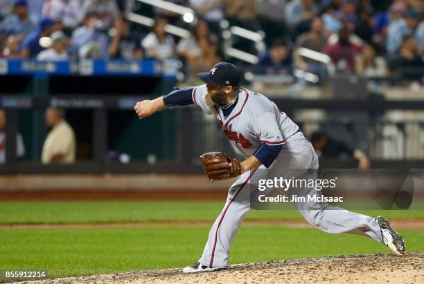 Jason Motte of the Atlanta Braves in action against the New York Mets at Citi Field on September 27, 2017 in the Flushing neighborhood of the Queens...