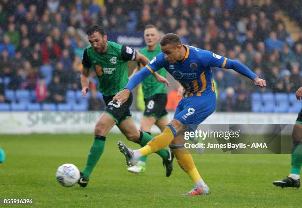 Carlton Morris of Shrewsbury Town scores a goal to make it 2-0 during the Sky Bet League One match between Shrewsbury Town and Scunthorpe United at...