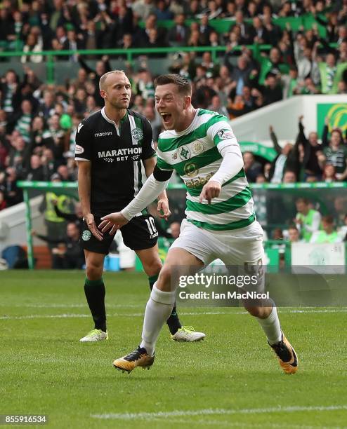 Callum McGregor of Celtic celebrates after he scores his second goal during the Ladbrokes Scottish Premiership match between Celtic and Hibernian at...