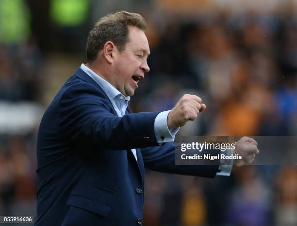 Leonid Slutsky manager of Hull City celebrates his teams sixth goal during the Sky Bet Championship match between Hull City and Birmingham City at...