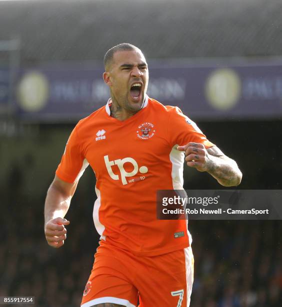 Blackpool's Kyle Vassell celebrates scoring his sides first goal during the Sky Bet League One match between Southend United and Blackpool at Roots...