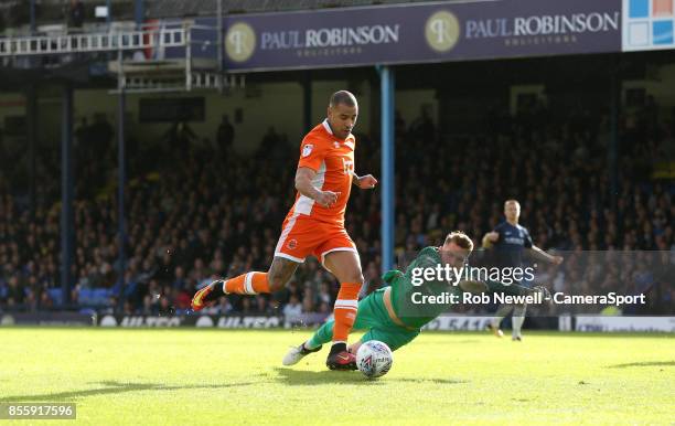 Blackpool's Kyle Vassell scores his sides first goal during the Sky Bet League One match between Southend United and Blackpool at Roots Hall on...