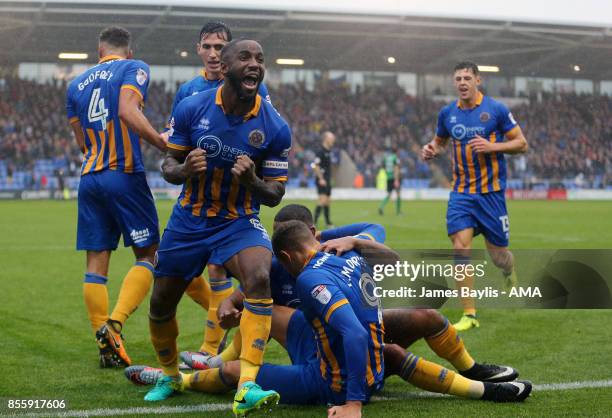 Carlton Morris of Shrewsbury Town celebrates with his team mates after scoring a goal to make it 2-0 during the Sky Bet League One match between...