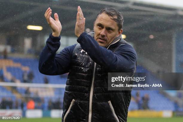 Paul Hurst manager of Shrewsbury Town celebrates at full time during the Sky Bet League One match between Shrewsbury Town and Scunthorpe United at...