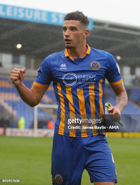 Ben Godfrey of Shrewsbury Town celebrates at full time during the Sky Bet League One match between Shrewsbury Town and Scunthorpe United at New...