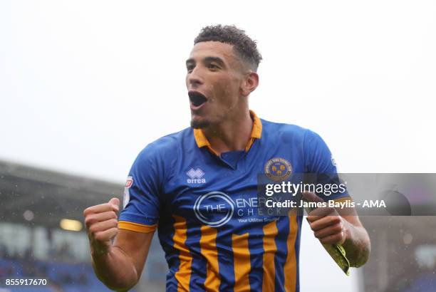 Ben Godfrey of Shrewsbury Town celebrates at full time during the Sky Bet League One match between Shrewsbury Town and Scunthorpe United at New...