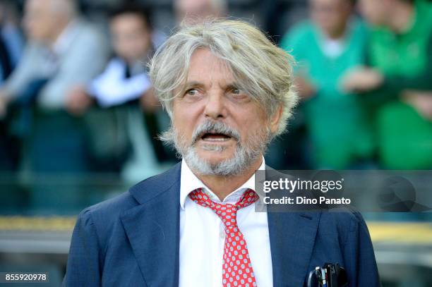 Massimo Ferrero president of Sampdoria looks on during the Serie A match between Udinese Calcio and UC Sampdoria at Stadio Friuli on September 30,...