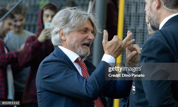 Massimo Ferrero president of Sampdoria looks on during the Serie A match between Udinese Calcio and UC Sampdoria at Stadio Friuli on September 30,...