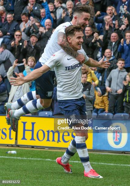 Preston North End's Josh Harrop celebrates scoring his side's equalising goal to make the score 1-1 with Sean Maguire during the Sky Bet Championship...