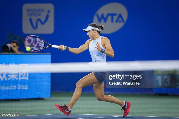 Caroline Garcia of France returns a shot during the Finals match against Ashleigh Barty of Australia on Day 7 of 2017 Dongfeng Motor Wuhan Open at...