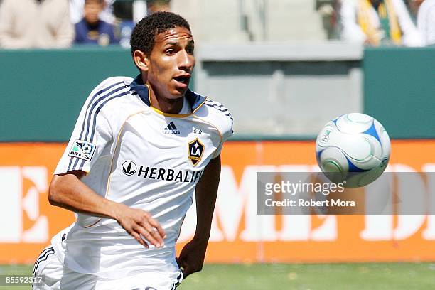 Sean Franklin of the Los Angeles Galaxy chases down a loose ball against D.C. United during the MLS game at Home Depot Center on March 22, 2009 in...