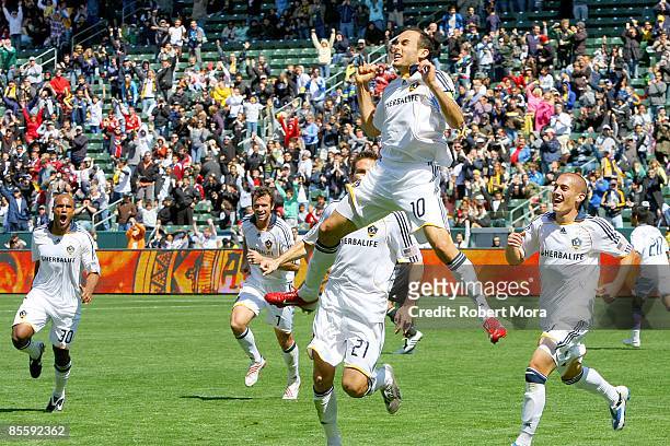 Forward Landon Donovan of the Los Angeles Galaxy celebrates scoring the game tying goal against D.C. United during the MLS game at Home Depot Center...