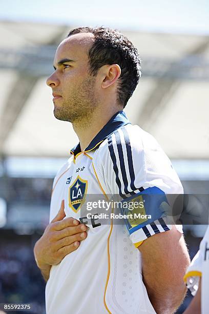 Forward Landon Donovan of the Los Angeles Galaxy stands for the National Anthem wearing the captain's armband prior to the MLS game against D.C....