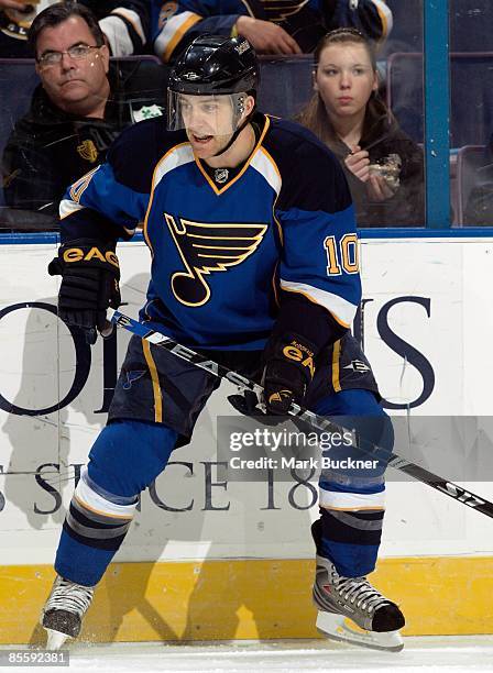 Andy McDonald of the St. Louis Blues skates against the Los Angeles Kings on March 24, 2009 at Scottrade Center in St. Louis, Missouri.