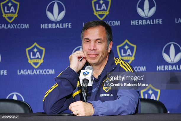 General Manager and Head Coach Bruce Arena of Los Angeles Galaxy addresses the media following the MLS game against D.C. United at Home Depot Center...