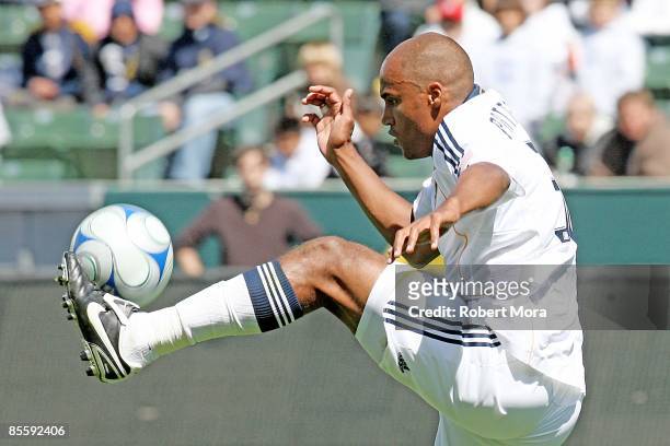 Kyle Patterson of the Los Angeles Galaxy controls the ball against D.C. United during the MLS game at Home Depot Center on March 22, 2009 in Carson,...