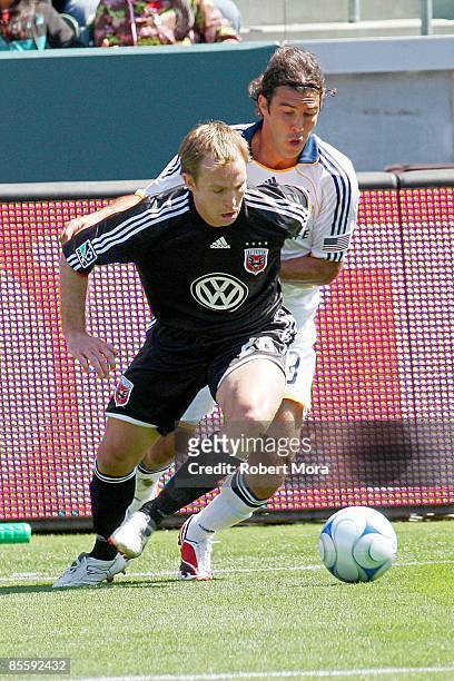 Bryan Namoff of D.C. United moves the ball up the midfield against the Los Angeles Galaxy during the MLS game at Home Depot Center on March 22, 2009...