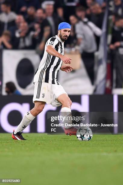 Giorgio Chiellini during the UEFA Champions League group D match between Juventus and Olympiakos Piraeus at Allianz Stadium on September 27, 2017 in...