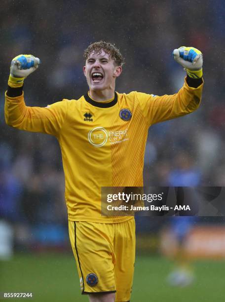 Dean Henderson of Shrewsbury Town celebrates at full time after the Sky Bet League One match between Shrewsbury Town and Scunthorpe United at New...