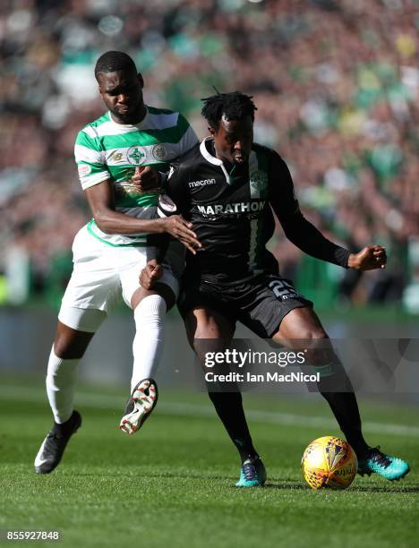 Odsonne Edouard of Celtic vies with Efe Ambrose of Hibernian during the Ladbrokes Scottish Premiership match between Celtic and Hibernian at Celtic...