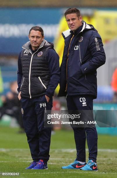 Paul Hurst manager of Shrewsbury Town during the Sky Bet League One match between Shrewsbury Town and Scunthorpe United at New Meadow on September...