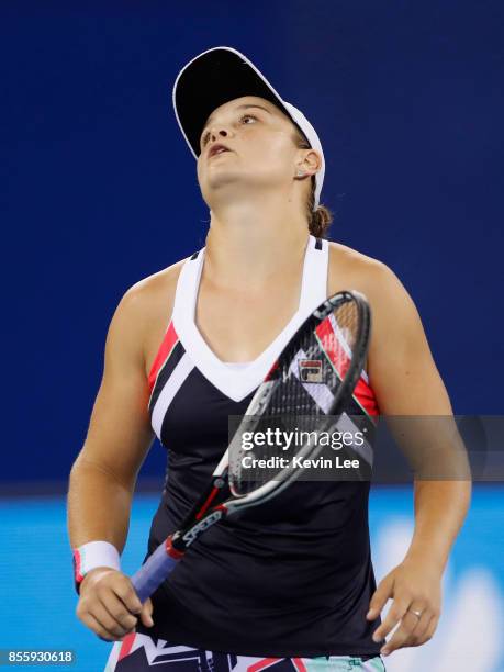 Ashleigh Barty of Australia reacts in the match against Caroline Garcia of France in the Finals of Women's Single of 2017 Wuhan Open on September 30,...