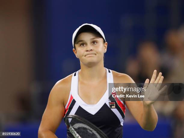 Ashleigh Barty of Australia reacts in the match against Caroline Garcia of France in the Finals of Women's Single of 2017 Wuhan Open on September 30,...