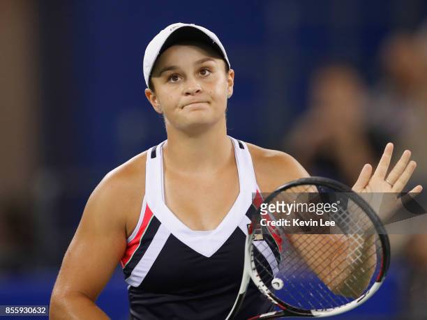 Ashleigh Barty of Australia reacts in the match against Caroline Garcia of France in the Finals of Women's Single of 2017 Wuhan Open on September 30,...