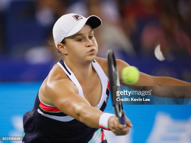 Ashleigh Barty of Australia in action in the match against Caroline Garcia of France in the Finals of Women's Single of 2017 Wuhan Open on September...