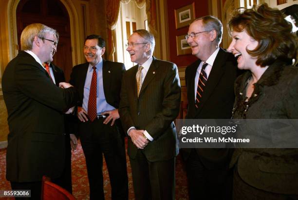 Australian Prime Minister Kevin Rudd meets with members of the U.S. Senate Sen. Judd Gregg , Sen. John Barrasso , Senate Majority Leader Harry Reid ,...