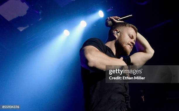 Frontman Dan Reynolds of Imagine Dragons performs during a stop of the band's Evolve World Tour at T-Mobile Arena on September 29, 2017 in Las Vegas,...