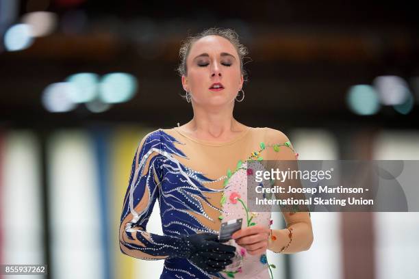 Nathalie Weinzierl of Germany reacts in the Ladies Free Skating during the Nebelhorn Trophy 2017 at Eissportzentrum on September 30, 2017 in...