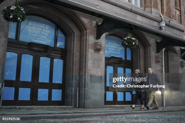 British Prime Minister Theresa May and her husband Philip May arrive at the Midland Hotel on the eve of the 2017 annual Conservative Party Conference...