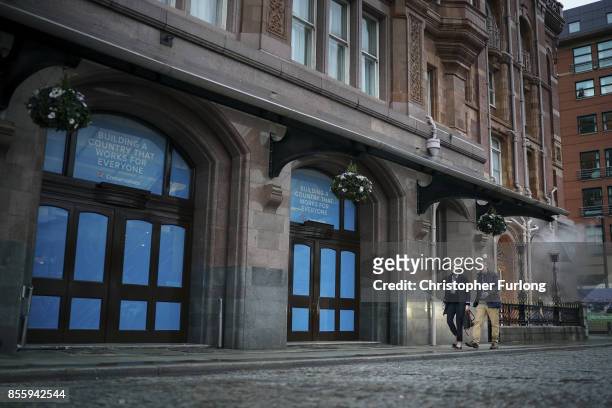 British Prime Minister Theresa May and her husband Philip May arrive at the Midland Hotel on the eve of the 2017 annual Conservative Party Conference...