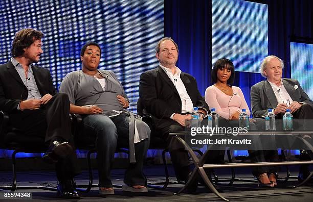 Producer Tim Bricknell, singer Jill Scott, producer Harvey Weinstein, actress Anika Noni Rose, and writer Alexander McCall Smith speak during HBO's...