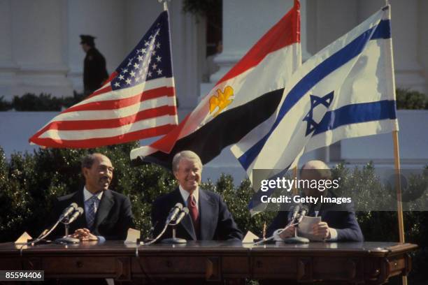 This handout file photo provided by the Israeli Government Press Office on March 25 shows Israeli Prime Minister Menahem Begin addressing the peace...