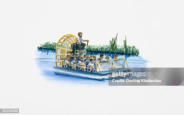 ilustrações de stock, clip art, desenhos animados e ícones de illustration of airboat carrying passengers on river amazon - barco de pântano