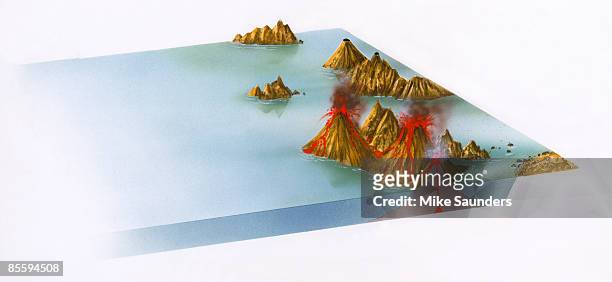 illustration of oceanic volcanic islands with cross-section showing molten lava emerging from rock strata  - undersea volcano stock illustrations