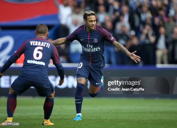 Neymar Jr of PSG celebrates his goal during the French Ligue 1 match between Paris Saint-Germain and FC Girondins de Bordeaux at Parc des Princes on...