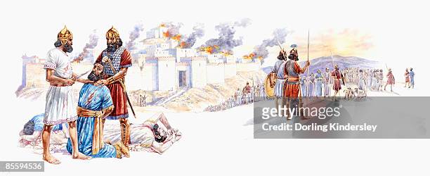 illustration of soldier holding zedekiah as nebuchadnezzar blinds him using knife as his sons lie dead, and jerusalem is destroyed by fire  - standing on end stock illustrations