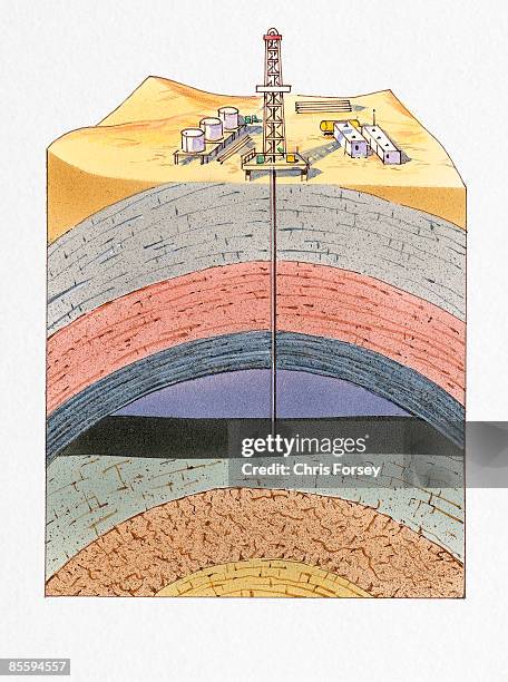 cross section illustration of drilling rig in desert showing crude oil reservoir below rock strata - wohncontainer stock-grafiken, -clipart, -cartoons und -symbole